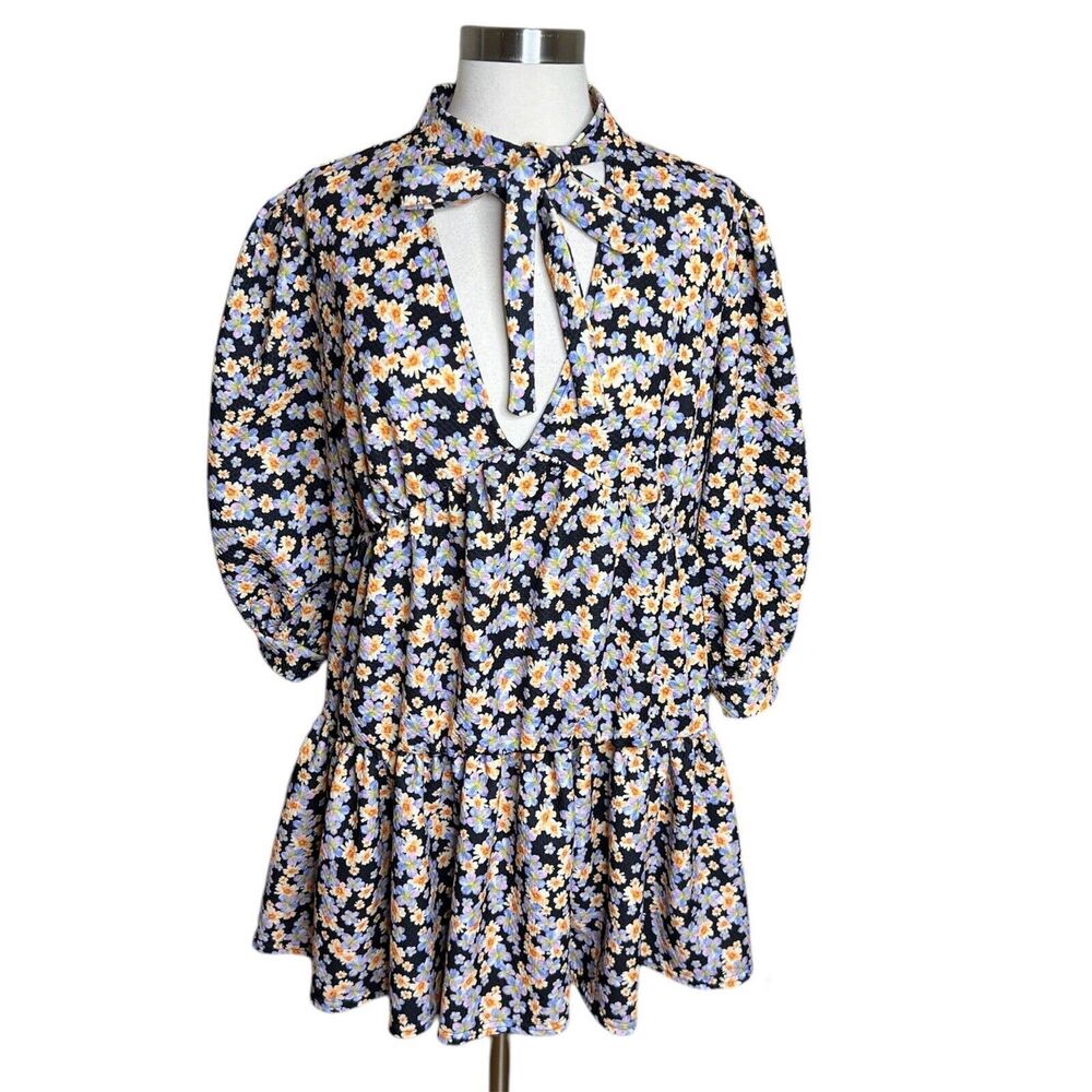 3/$25 ASOS Babydoll Mini Dress Purple Floral Tiered Long Sleeve Tie Neck Size 12
